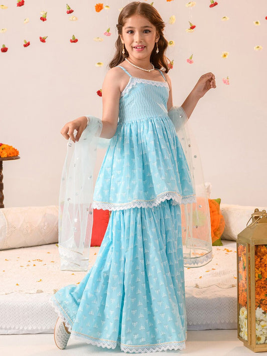 Girls Ethnic Motifs Printed Pure Cotton A-line Kurta With Sharara & Dupatta