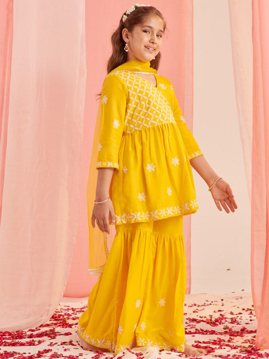Girls Floral Embroidered Empire Thread Work Kurta with Sharara & With Dupatta