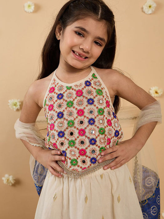 Girls Floral Embroidered Mirror Work Silk Lehenga With Choli And Dupatta