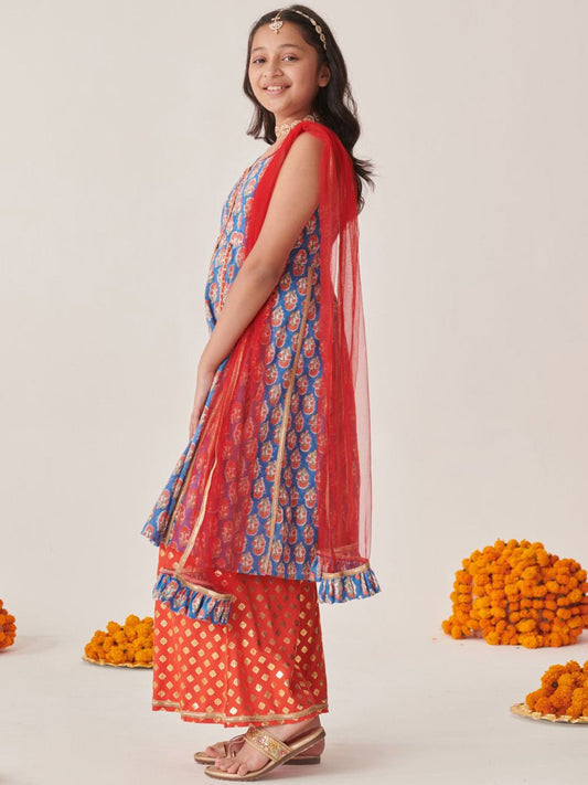 Girls Floral Printed Empire Gotta Patti Kurta with Palazzos & With Dupatta