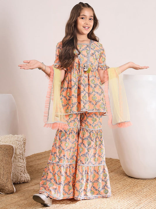 Girls Floral Printed Empire Kurti with Sharara & With Dupatta