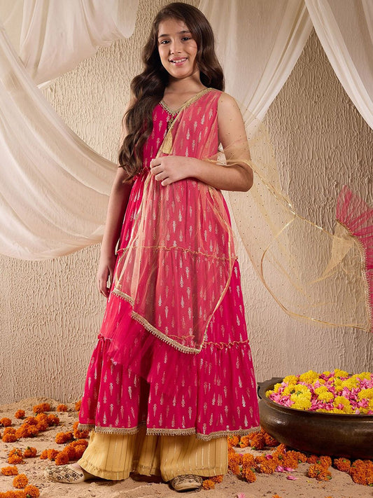 Girls Floral Printed Layered Anarkali Georgette Kurta With Palazzos & Dupatta