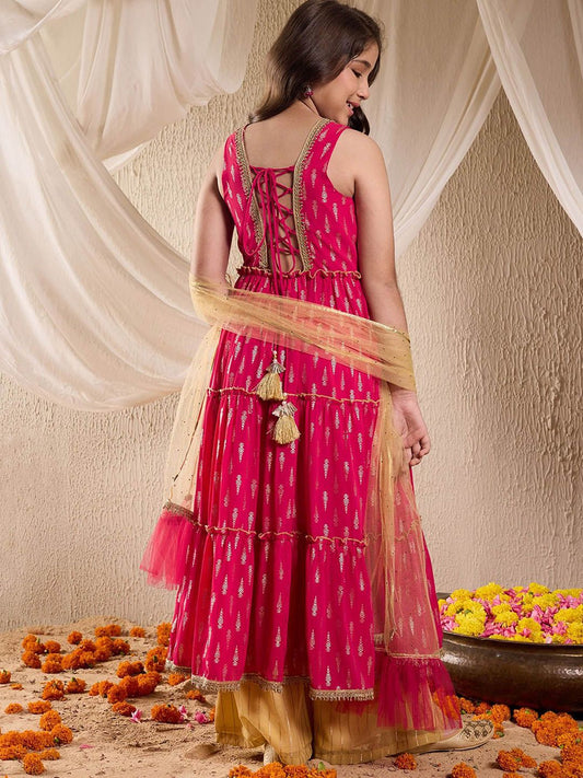 Girls Floral Printed Layered Anarkali Georgette Kurta With Palazzos & Dupatta