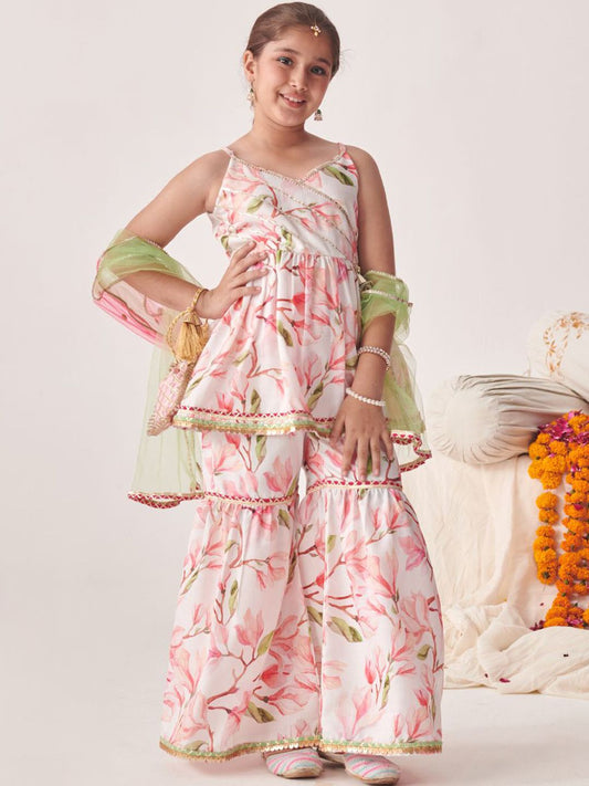 Girls Floral Printed Regular Kurta with Sharara & With Dupatta