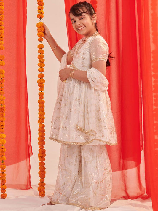 Girls Floral Printed Regular Kurta with Sharara & With Dupatta