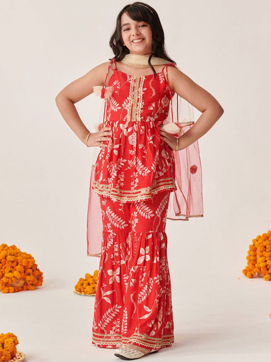Girls Floral Printed Regular Kurti Sharara With Dupatta