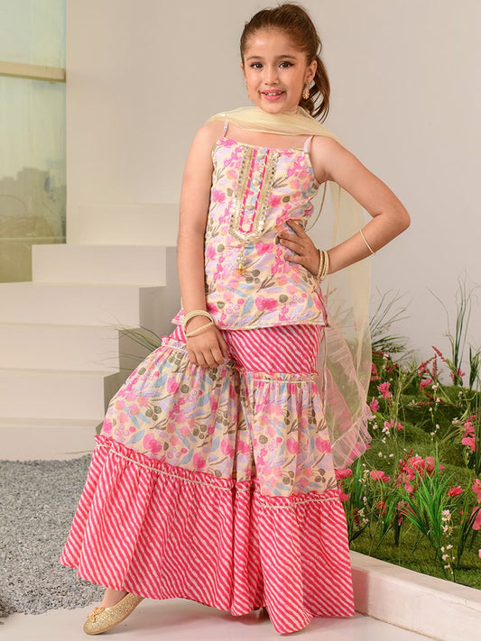 Girls Floral Printed Regular Pure Cotton Kurta with Sharara & Dupatta
