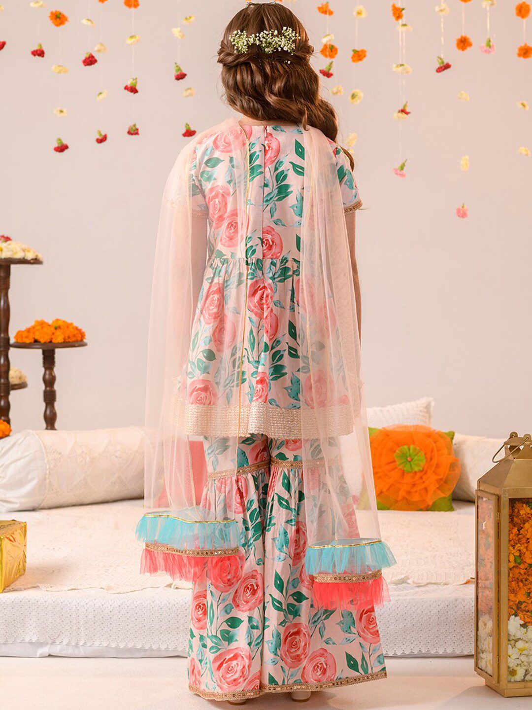 Girls Floral Printed Regular Pure Cotton Kurta with Sharara & Dupatta