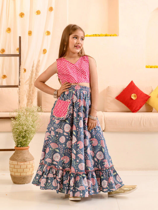 Girls Floral Printed Striped Ready to Wear Lehenga Choli With Waist Coat