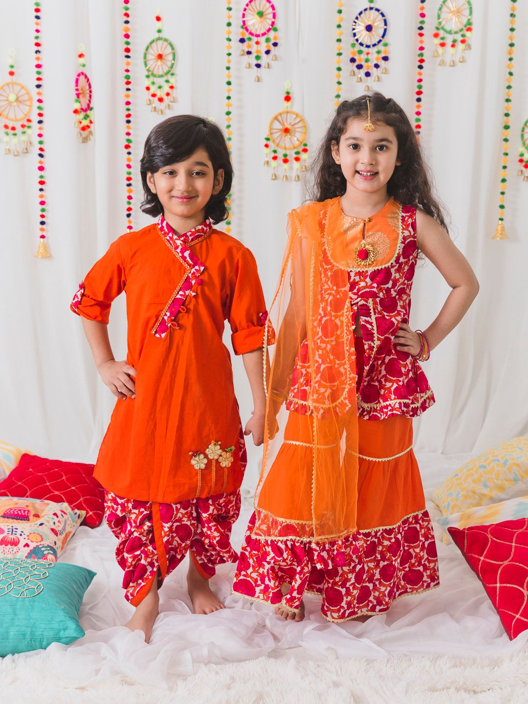 Girls Magenta & Orange Printed Angrakha Cotton Kurta Set