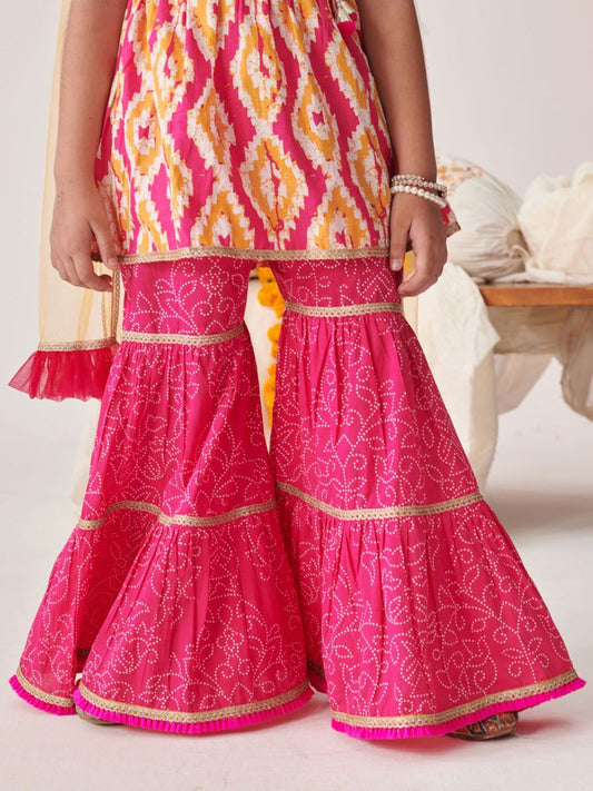 Girls Printed Angrakha Gotta Patti Kurti with Sharara & With Dupatta