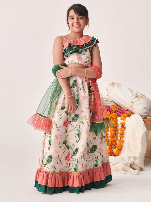 Girls Printed Thread Work Ready to Wear Lehenga Choli With Dupatta