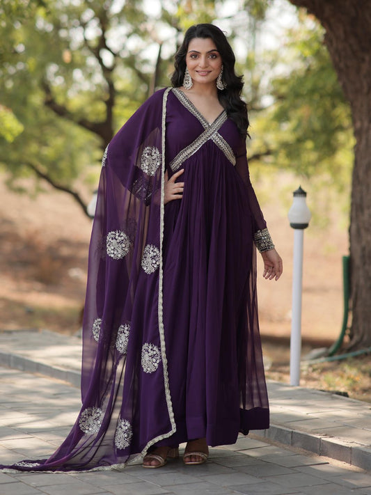 Premium Purple Readmade Alia Cut Gown with Dupatta Set