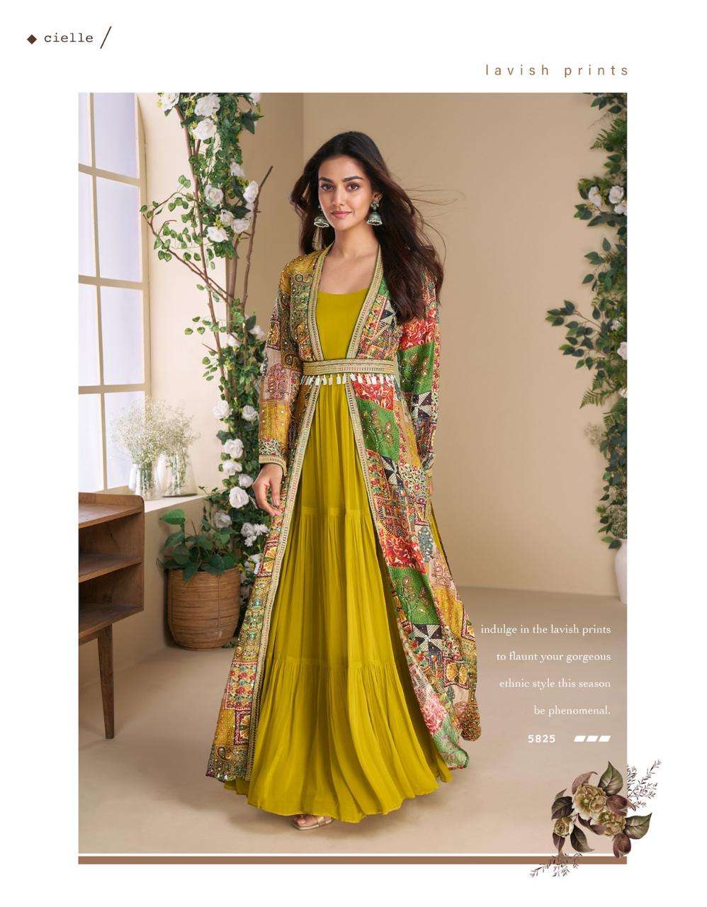 Mustard Yellow Ethnic Printed Jacket Style Anarkali Dress for Women