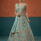 Seagreen - Chinon Sequins, Moti, Mirror and Thread Embroidered Semi-Stitched Lehenga