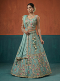 Seagreen - Chinon Sequins, Moti, Mirror and Thread Embroidered Semi-Stitched Lehenga