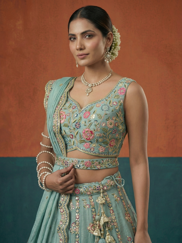 Seagreen - Chinon Sequins, Moti, Mirror and Thread Embroidered Semi-Stitched Lehenga
