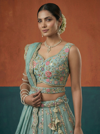 Seagreen - Chinon Sequins, Moti, Mirror and Thread Embroidered Semi-Stitched Lehenga