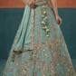 Seagreen - Chinon Sequins, Moti, Mirror and Thread Embroidered Semi-Stitched Lehenga