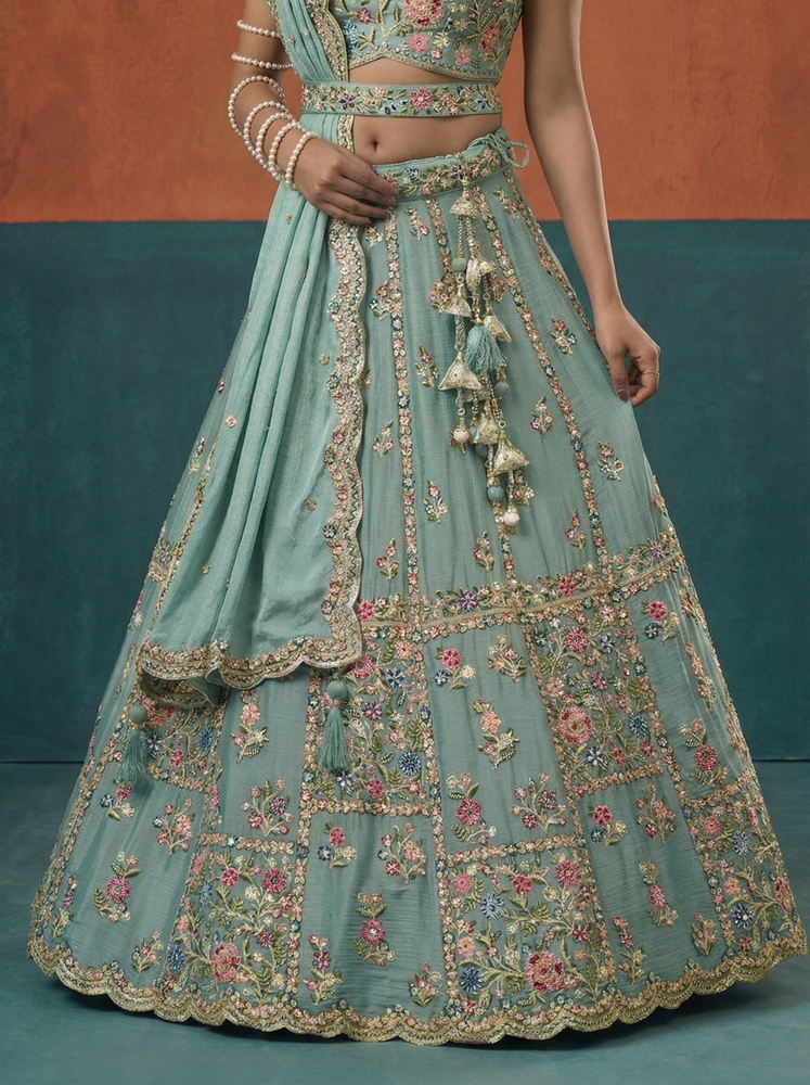 Seagreen - Chinon Sequins, Moti, Mirror and Thread Embroidered Semi-Stitched Lehenga