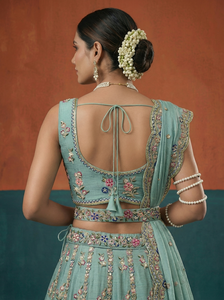 Seagreen - Chinon Sequins, Moti, Mirror and Thread Embroidered Semi-Stitched Lehenga