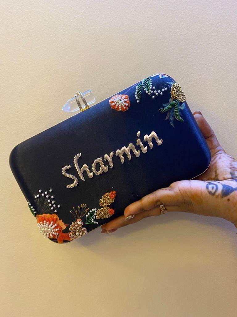 Customised Floral Embroidered Clutch with Transparent Knob - Blacks