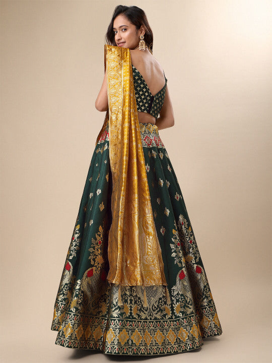 Ready to Wear Lehenga & Unstitched Blouse With Dupatta - Bottle Green