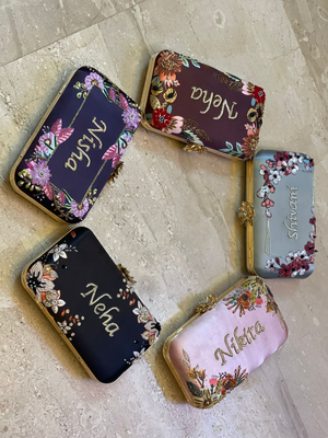 Customised Floral Embroidered Clutch with Flower Knob