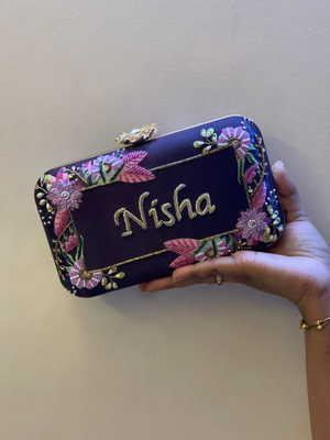 Customised Floral Embroidered Clutch with Flower Knob
