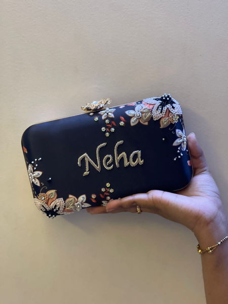 Customised Floral Embroidered Clutch with Flower Knob