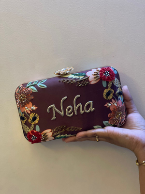 Customised Floral Embroidered Clutch with Flower Knob