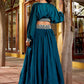 Precious Teal Blue Embroidered Silk Party Wear Crop Top Lehenga