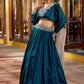 Precious Teal Blue Embroidered Silk Party Wear Crop Top Lehenga