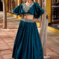 Precious Teal Blue Embroidered Silk Party Wear Crop Top Lehenga