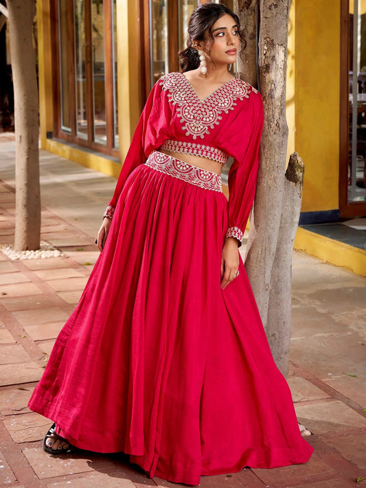 Amazing Pink Thread Embroidered Silk Sangeet Wear Crop Top Lehenga