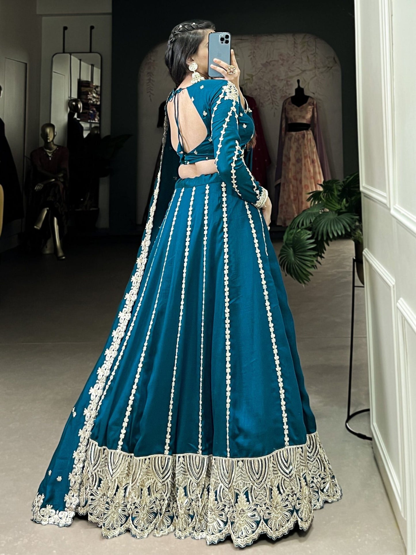 Magnificent Teal Blue Embroidered Vichitra Silk Engagement Wear Lehenga Choli