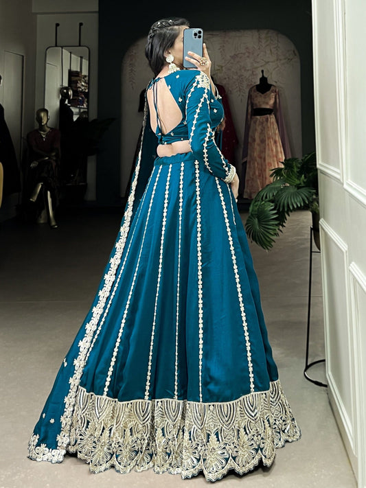 Magnificent Teal Blue Embroidered Vichitra Silk Engagement Wear Lehenga Choli