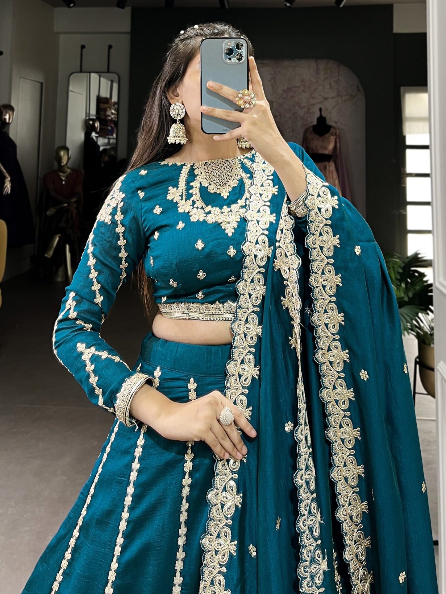 Magnificent Teal Blue Embroidered Vichitra Silk Engagement Wear Lehenga Choli