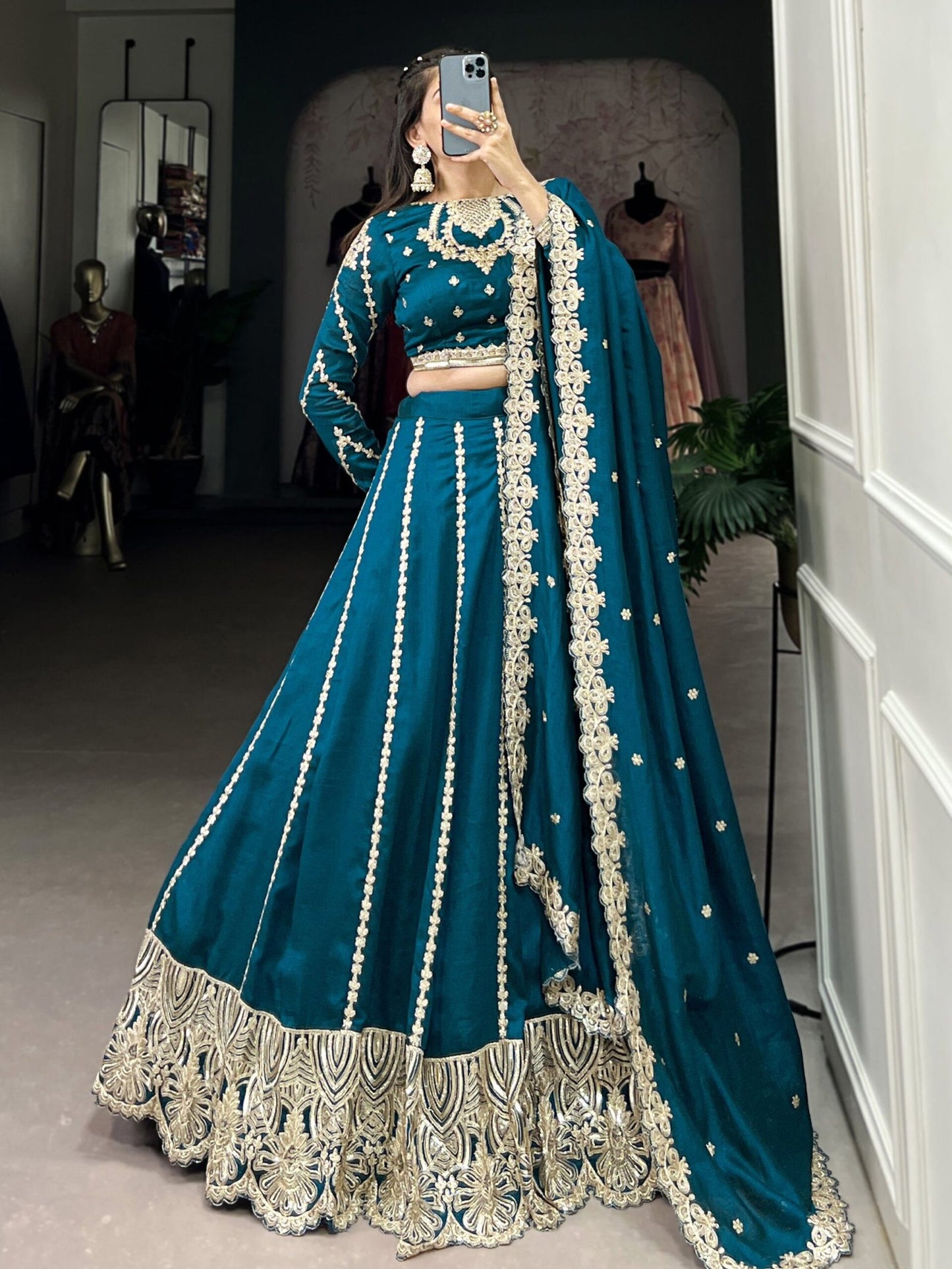 Magnificent Teal Blue Embroidered Vichitra Silk Engagement Wear Lehenga Choli