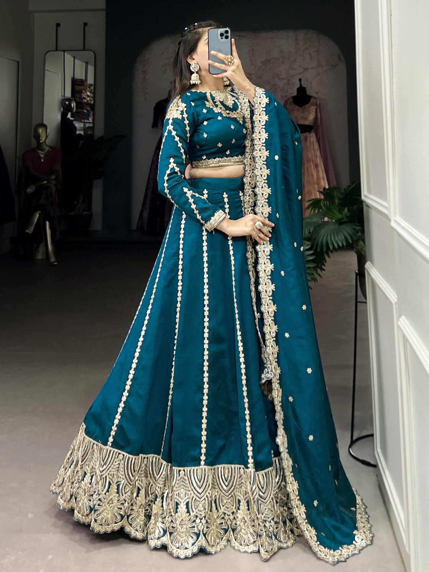 Magnificent Teal Blue Embroidered Vichitra Silk Engagement Wear Lehenga Choli