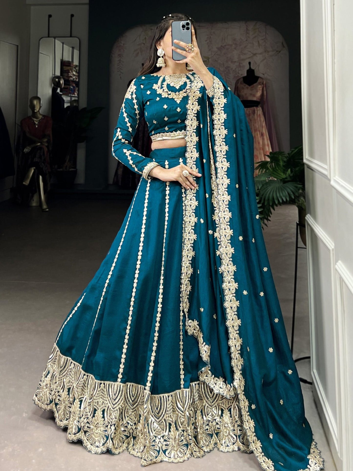 Magnificent Teal Blue Embroidered Vichitra Silk Engagement Wear Lehenga Choli