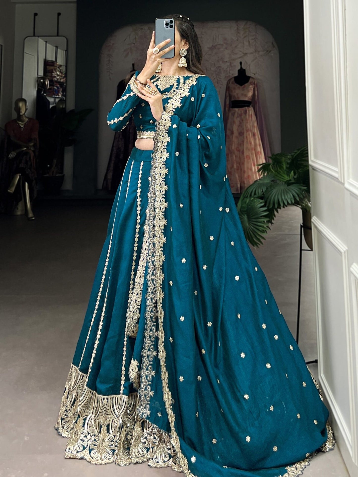 Magnificent Teal Blue Embroidered Vichitra Silk Engagement Wear Lehenga Choli