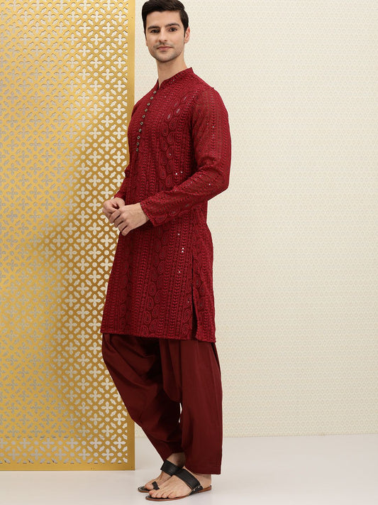 Men Maroon Paisley Regular Jashn Kurta with Patiala - House of Pataudi