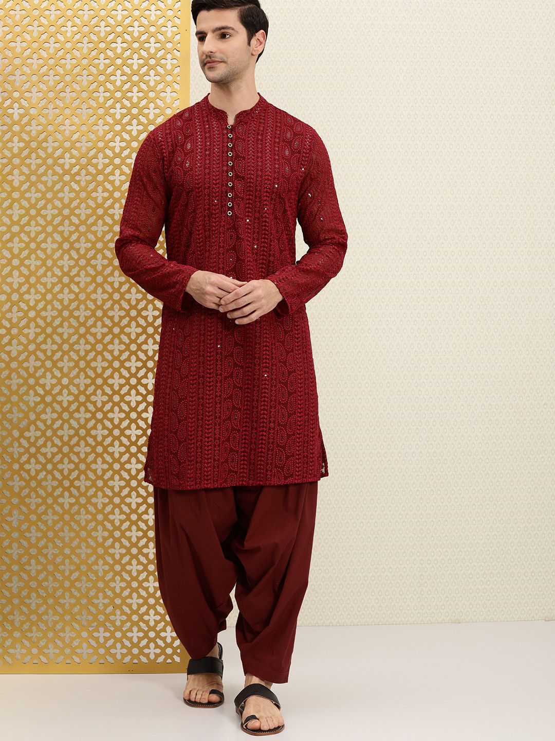 Men Maroon Paisley Regular Jashn Kurta with Patiala - House of Pataudi