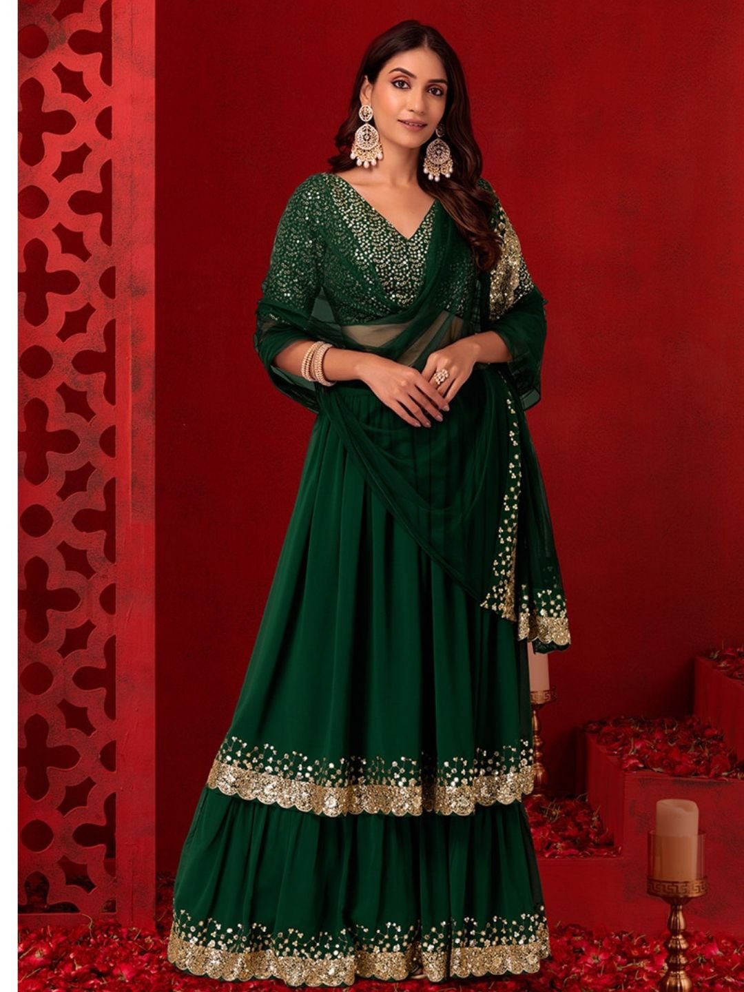 Embellished Sequinned Semi-Stitched Lehenga Choli With Dupatta - Green
