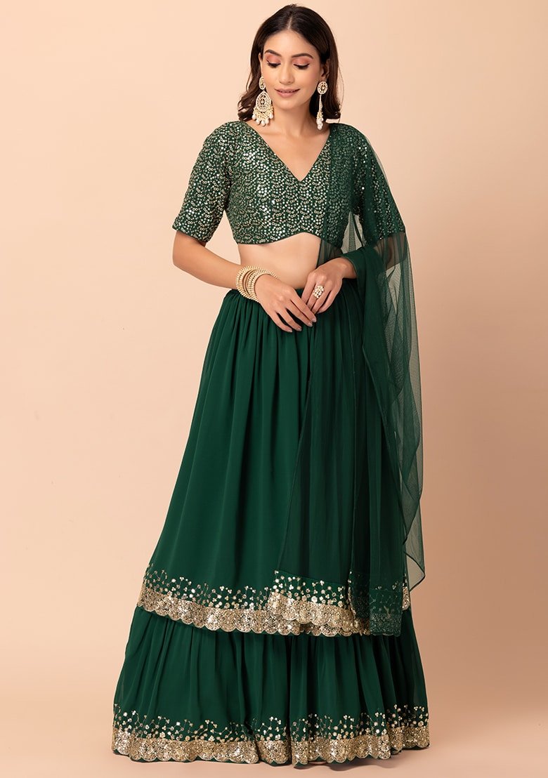 Embellished Sequinned Semi-Stitched Lehenga Choli With Dupatta - Green