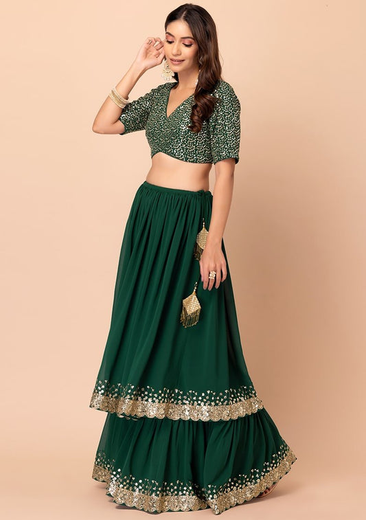 Embellished Sequinned Semi-Stitched Lehenga Choli With Dupatta - Green