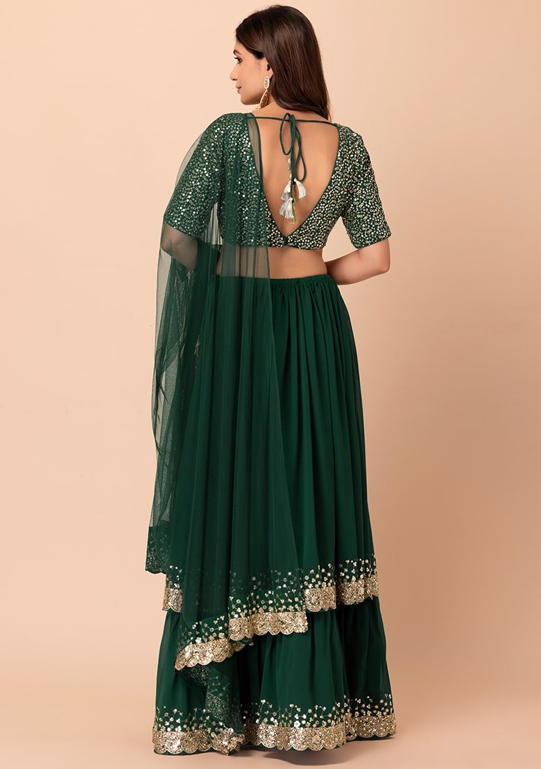 Embellished Sequinned Semi-Stitched Lehenga Choli With Dupatta - Green