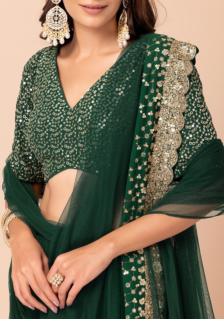 Embellished Sequinned Semi-Stitched Lehenga Choli With Dupatta - Green