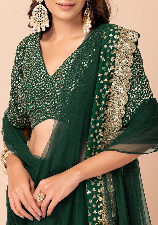 Embellished Sequinned Semi-Stitched Lehenga Choli With Dupatta - Green